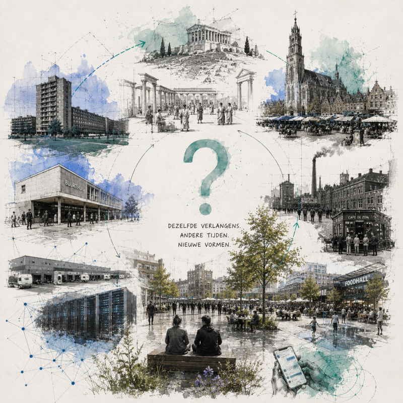 Collage van de ontwikkeling van de stad, waarin tijdloze menselijke behoeften steeds nieuwe ruimtelijke vormen krijgen, van agora tot digitaal netwerk