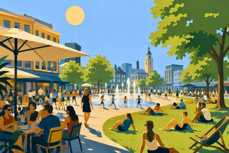 Zomerse binnenstad met volle terrassen, spelende kinderen bij een fontein en mensen die ontspannen in het park. De illustratie laat zien hoe de openbare ruimte tijdens warme zomerdagen het hart van het stedelijke leven wordt