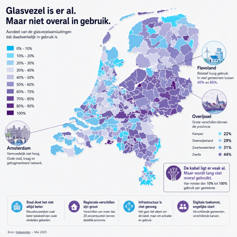 Kaart van Nederland met grote verschillen in glasvezelgebruik. De digitale infrastructuur ligt er vaak al, maar wordt lang niet overal benut.