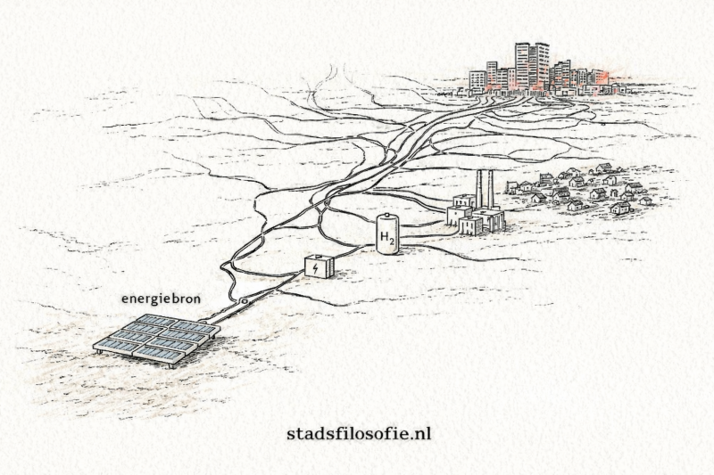 Zonne-energie vraagt minder ruimte dan gedacht, maar vraagt een complex systeem van transport en opslag. De uitdaging zit niet in de bron, maar in het netwerk.