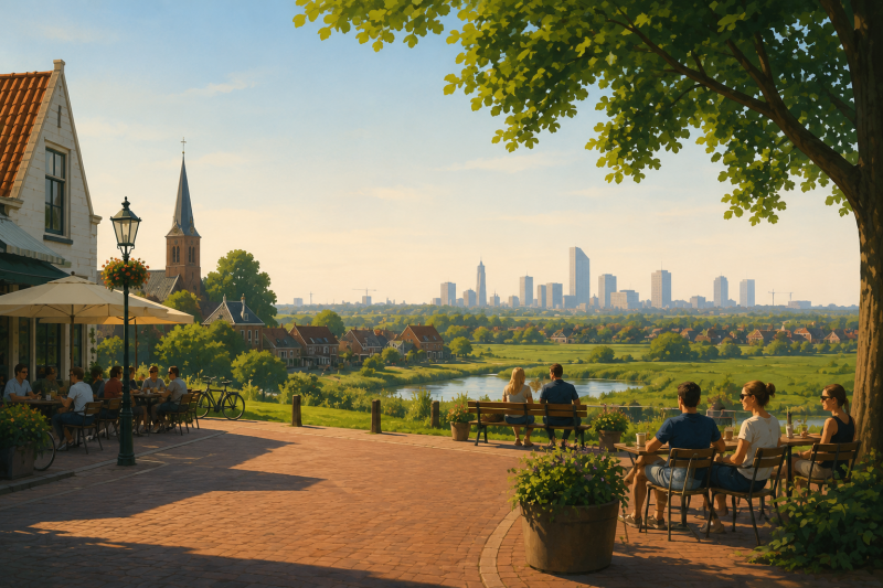Rustige stadsrand met uitzicht op de skyline verbeeldt de tegenstelling tussen stedelijke drukte en brede welvaart