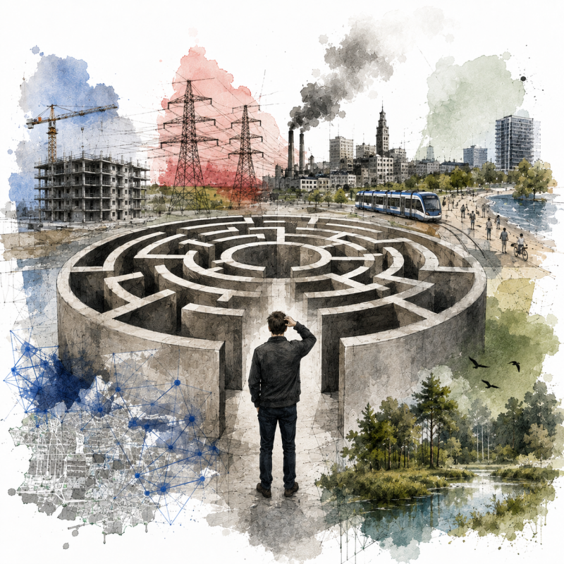 Conceptuele Stadsfilosofie-collage van een ruimtelijk doolhof tussen woningbouw, energie, mobiliteit en natuur. Verbeeldt hoe complexe systeemproblemen vastlopen binnen bestaande denkkaders