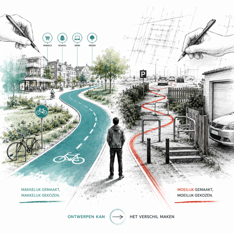 Conceptuele ontwerpschets van twee routes met verschillende drempels. Het beeld laat zien hoe ruimtelijk ontwerp bepaalt welke mobiliteitskeuzes vanzelfsprekend worden.