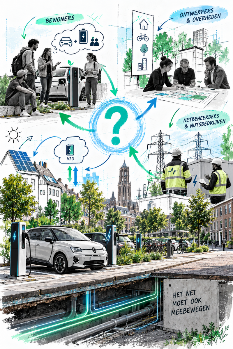 Bewoners, overheden en netbeheerders zoeken samen naar ruimte voor V2G, waarbij elektrische auto’s helpen het volle stroomnet te ontlasten