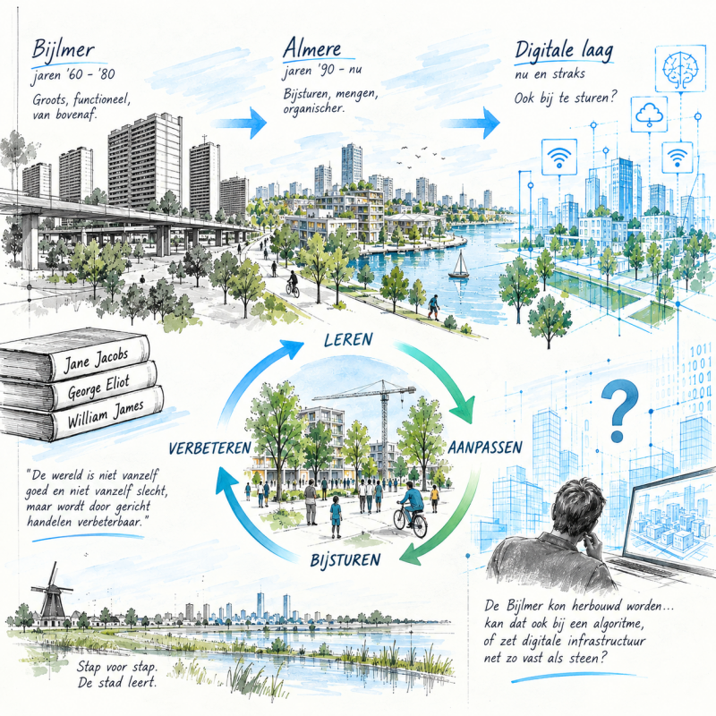Ruimtelijk essay over hoe steden leren en worden bijgestuurd, van de Bijlmer en Almere tot de digitale stad, met de vraag of ook algoritmen en digitale infrastructuur veranderbaar blijven
