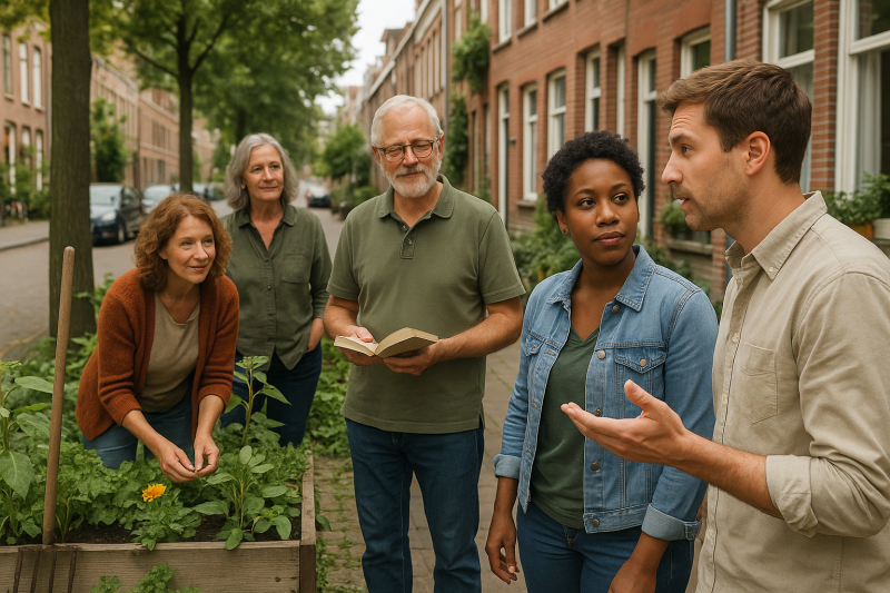 Buurtbewoners werken samen in een moestuin in een groene en rustige straat