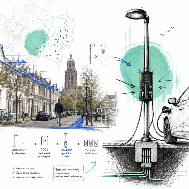 Ontwerpschets van een laadlantaarn die bestaande lichtmasten inzet als laadpunten voor elektrische auto’s, zonder extra objecten in de openbare ruimte