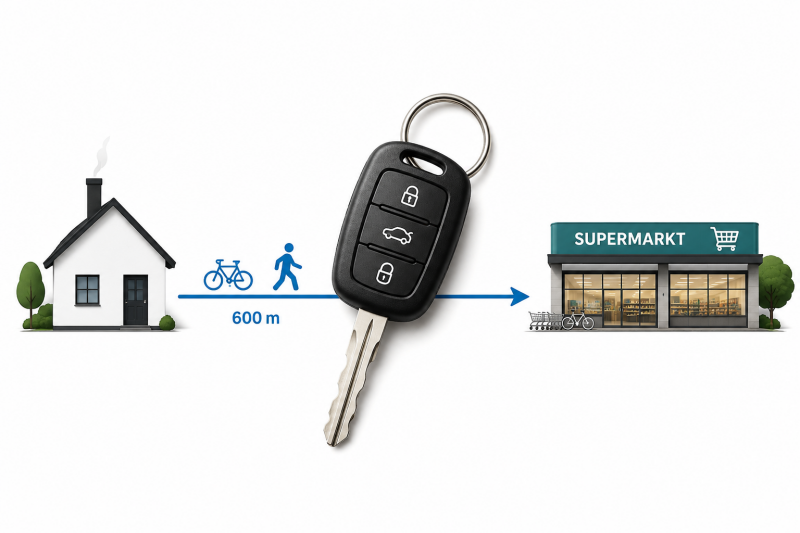 Een woning en supermarkt liggen dicht bij elkaar, terwijl een grote autosleutel de vanzelfsprekende keuze voor lopen of fietsen overschaduwt.