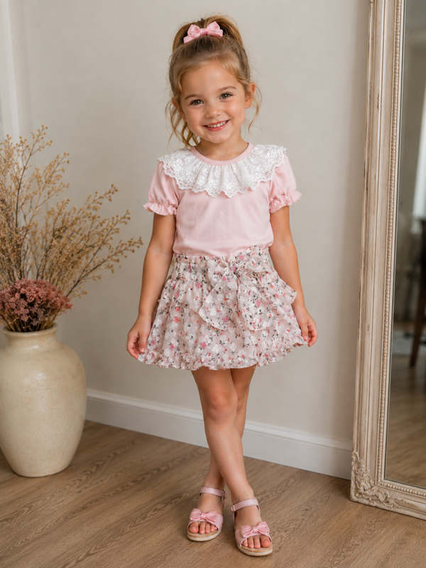 Bloomer chiffon floral roze met lurex strik
