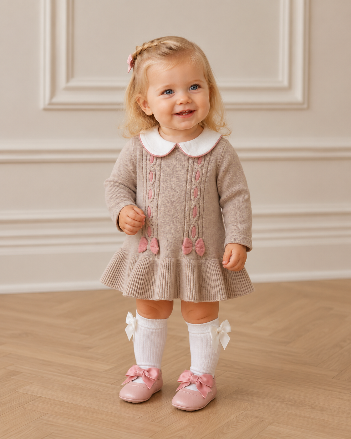 Mayoral winter 2027 meisjes knit jurkje mokka/roze met kraagje
