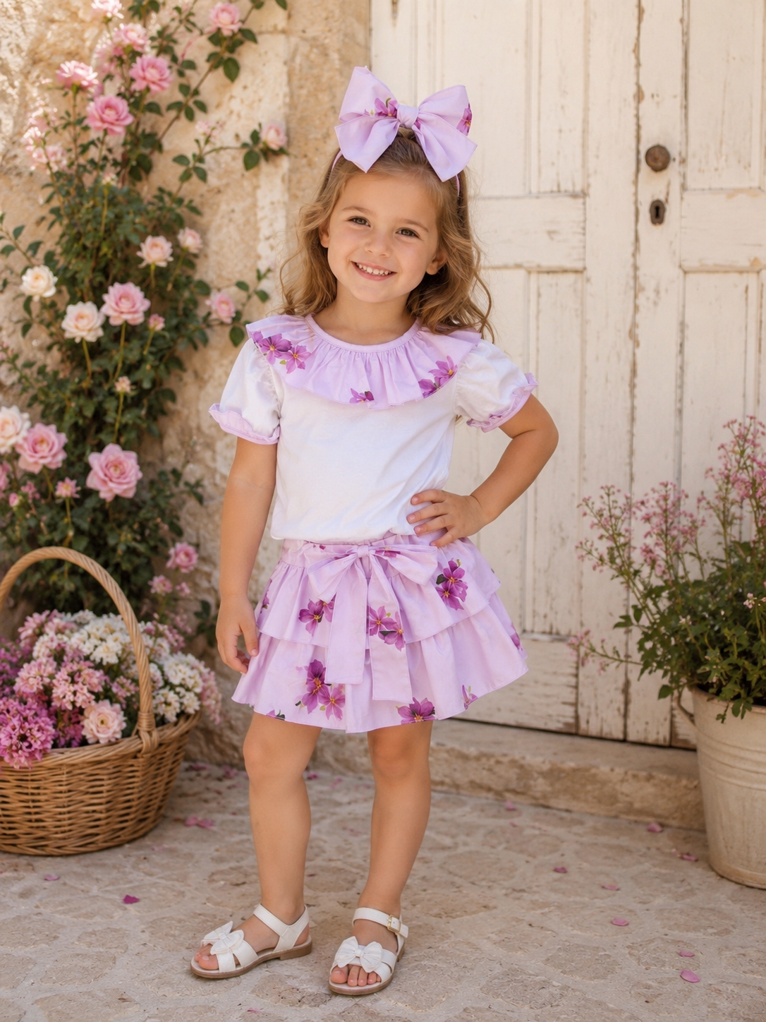 PHI lila flowers SET T-shirt met kraagje + short ruffle