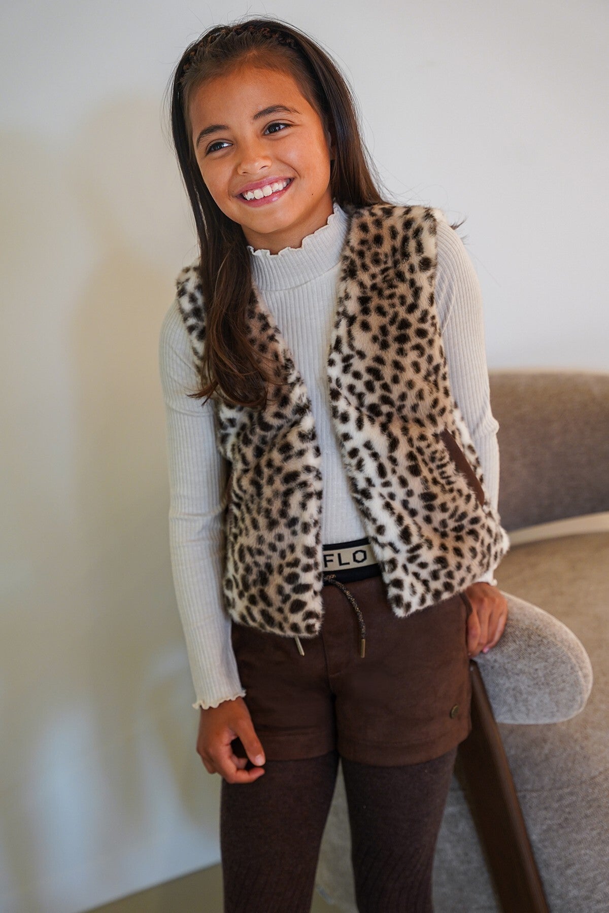LIKE FLO Faylinn Flo girls faux leather short with fancy jacquard rib WB choco