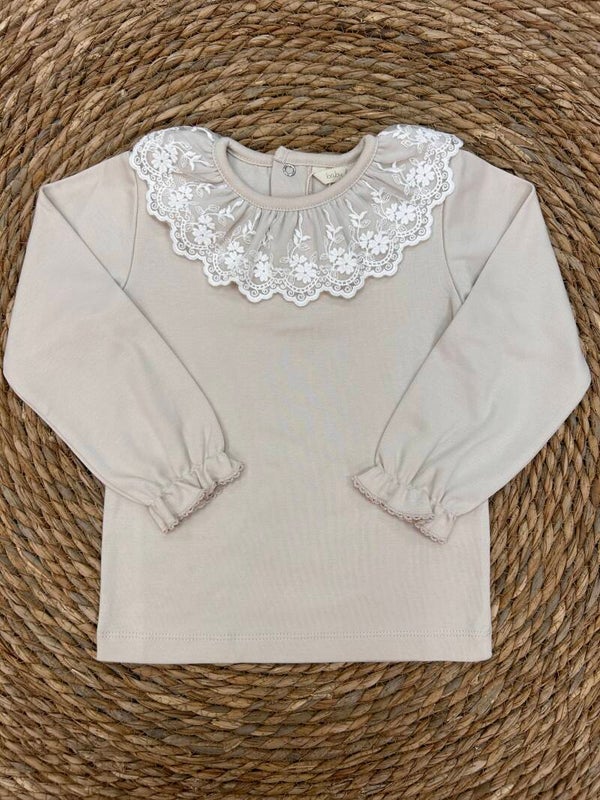 Laivicar T-shirt beige met kanten kraagje