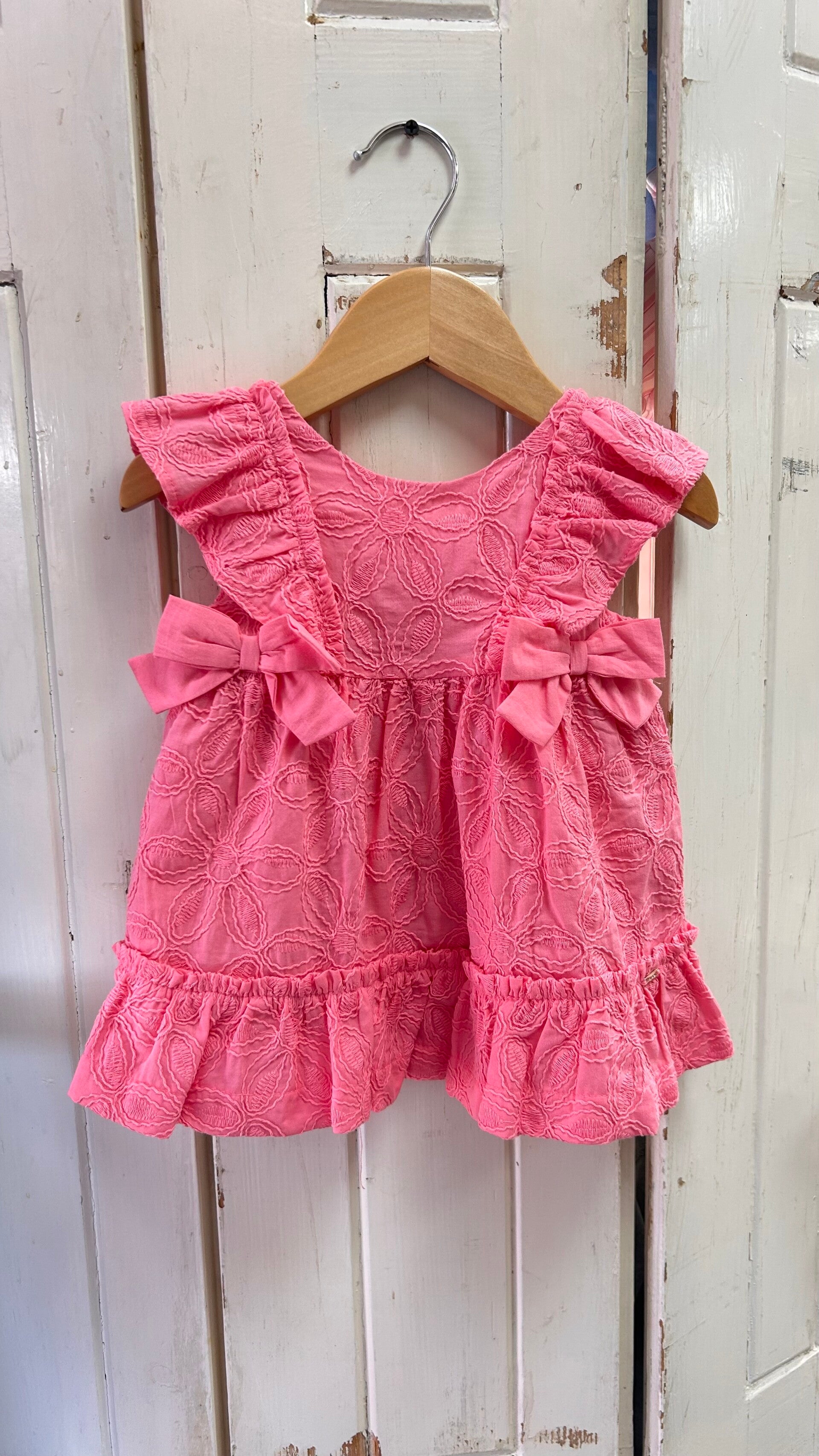 Mayoral zomer 2026 meisjes broderie jurk roze met strikjes