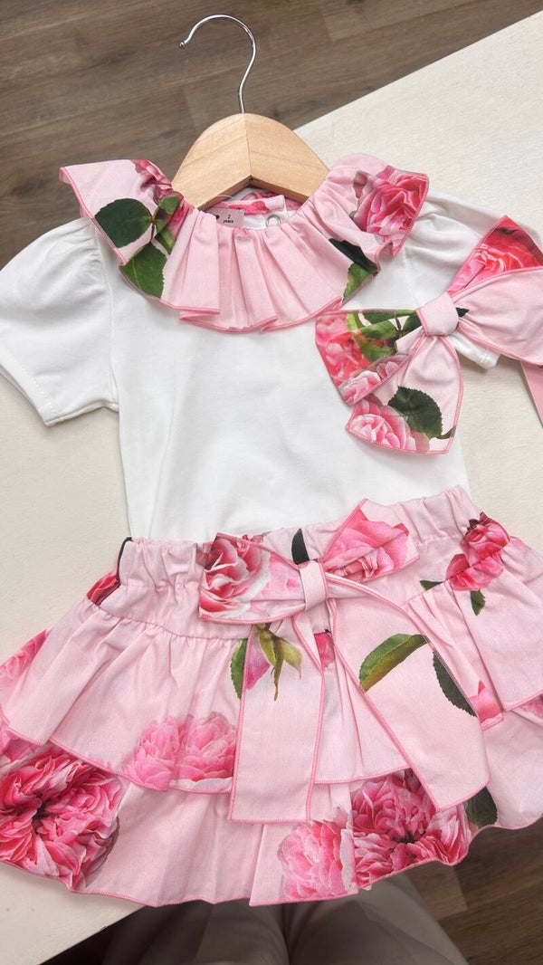 PHI pink flowers SET T-shirt met kraagje + rokje