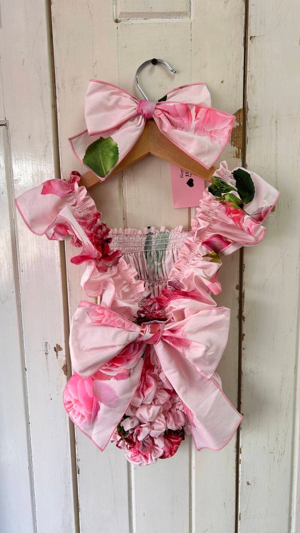 PHI pink flowers badpakje met strik super stretch