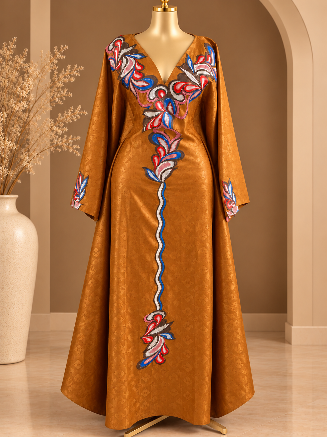 Tenue traditionnelle Bazin brodée avec foulard assorti – Marron doré