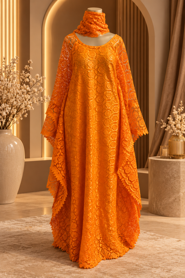 Guipure Orange  – Robe Longue avec Foulard