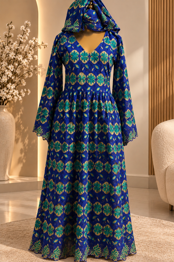 Robe brodée - bleu foncé & vert