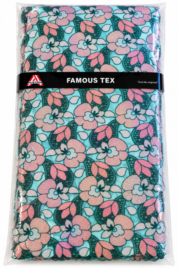 Tissu brodé turquoise, rose émeraude