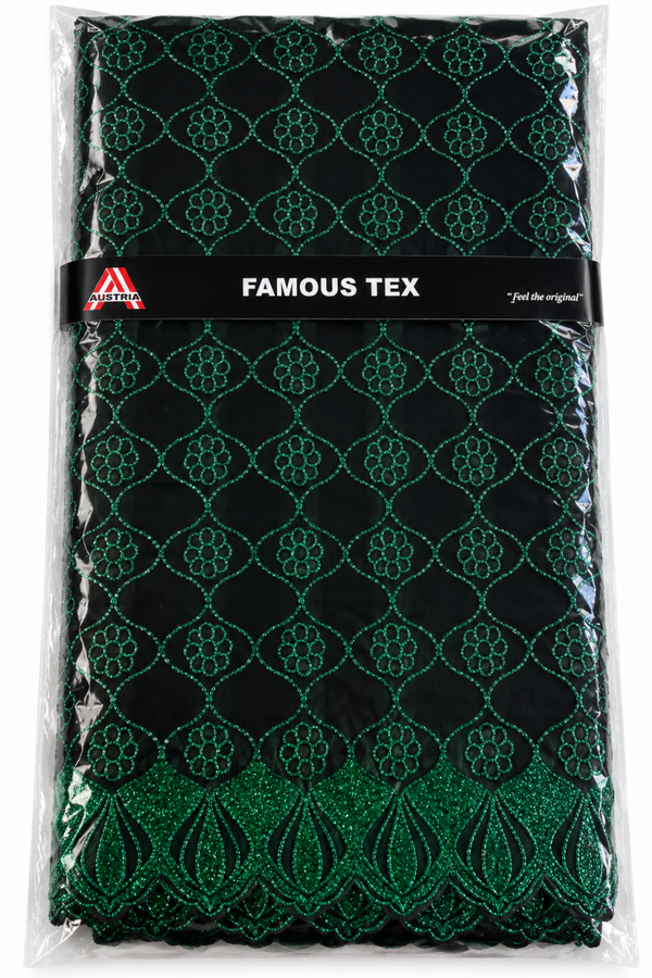 Tissu noir brodé vert émeraude