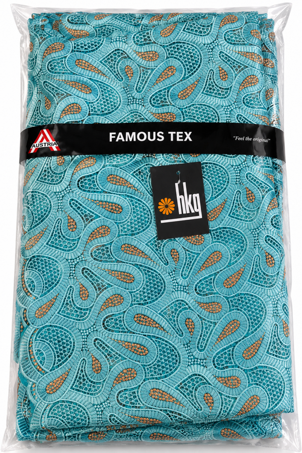 Tissu brodé bleu turquoise et cuivré