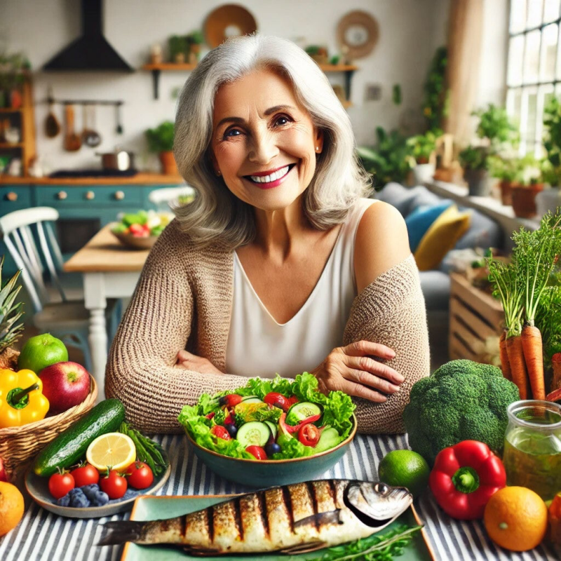 Bild einer älteren Frau, die viel gesundes Obst und Gemüse vor sich liegen hat