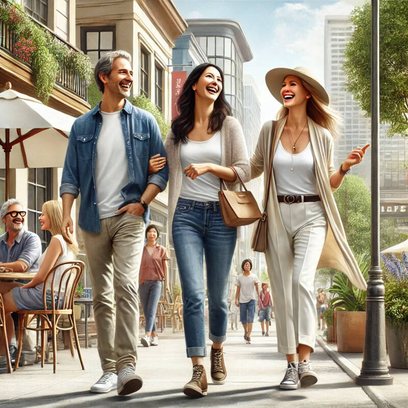 Bild von zwei Frauen und einem Mann, die fröhlich durch die City laufen