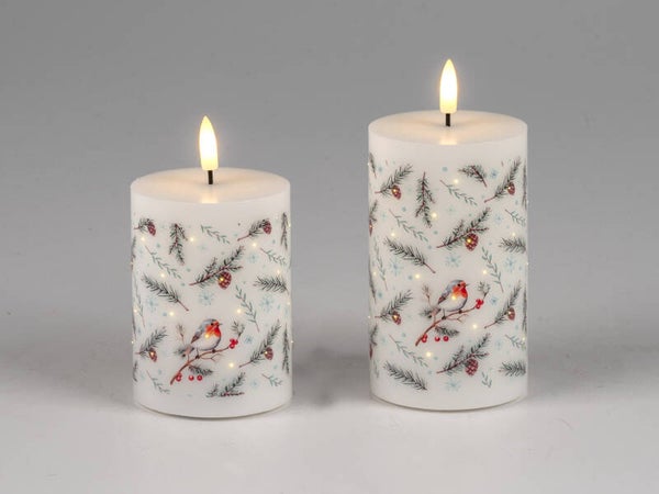 LED-Kerze FORMANO, Fiberglasdekot mit Rotkehlchen, versch. Größen
