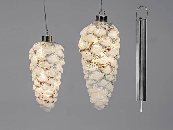 LED-Zapfen "Winterzeit", hängend mit Kunstschnee, versch. Größen