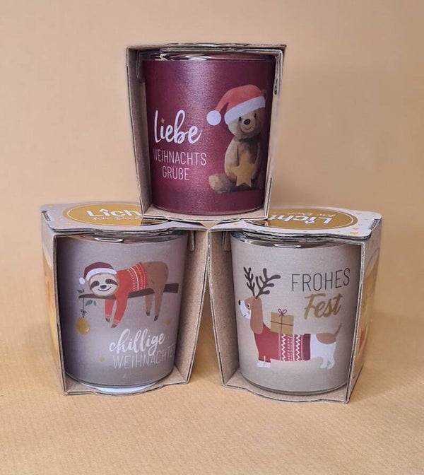 Teelichtglas "Frohe Weihnachten" verschied.Motive