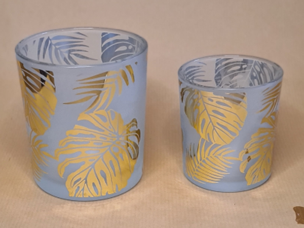 Teelichtglas matt weiß mit goldenen Blättern