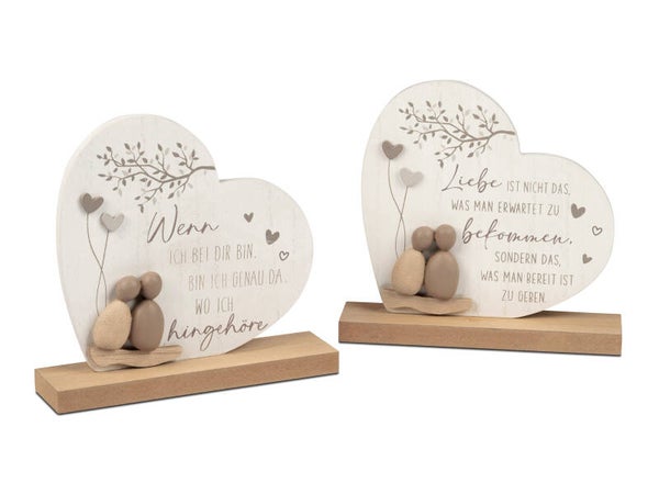Herz aus Holz mit Figuren in Steinoptik. Verschiedene Sprüche.