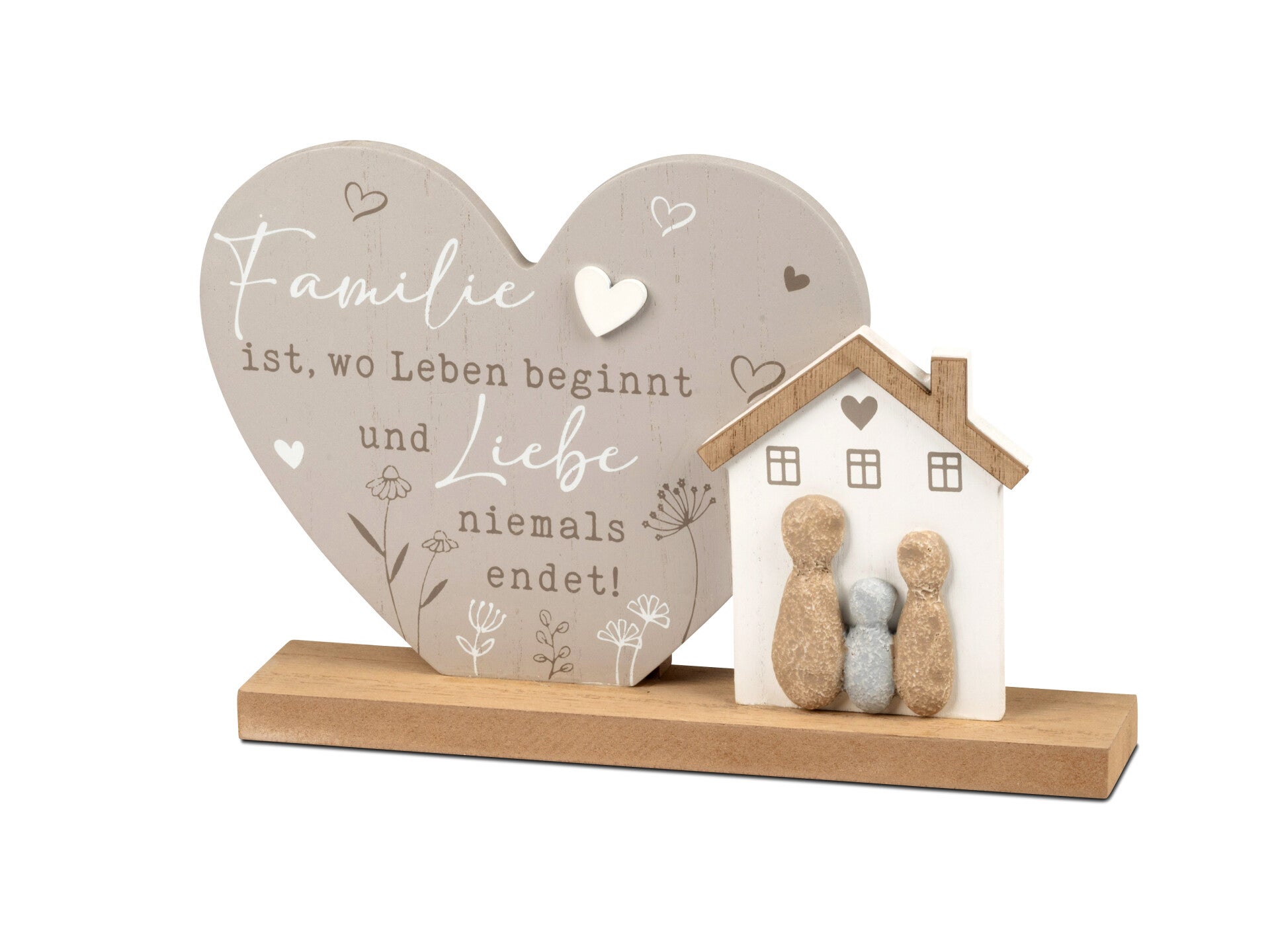 Herz aus Holz mit Holzhaus und Figuren in Steinoptik, FORMANO