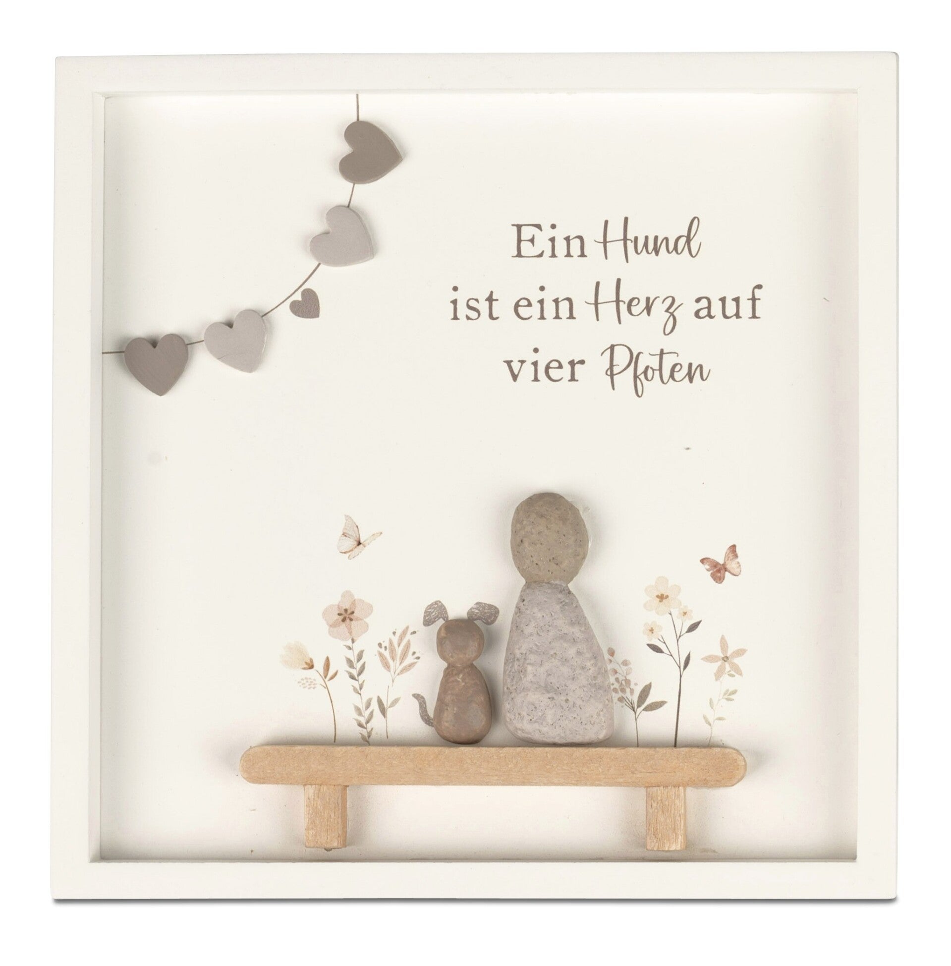 Bild mit Kunststeinfigur, Mensch und Hund oder Katze und Spruch