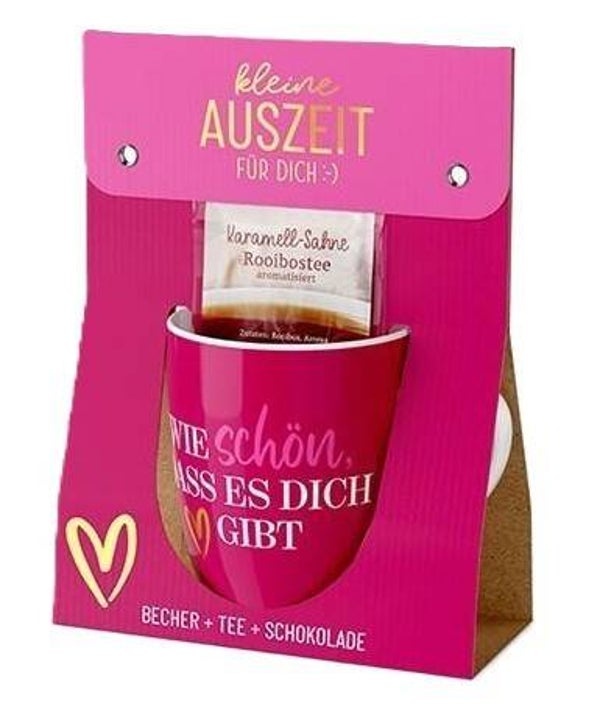 Tasse "kleine Auszeit" mit Tee und Schokoladeholzdeckel "Wie schön..."
