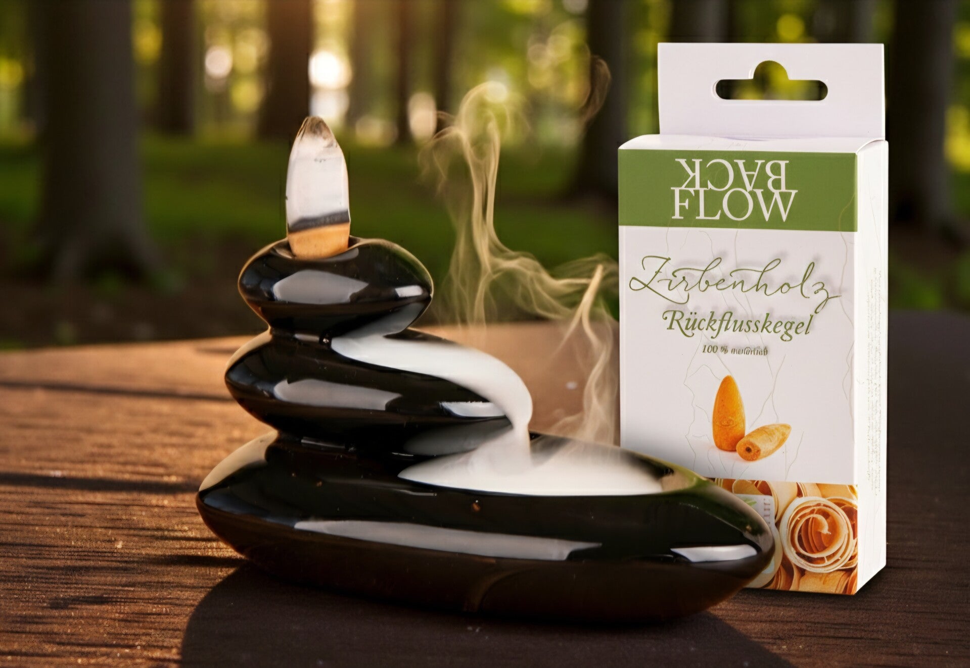 Backflow Räucherkegel Zirbenholz im Set mit Kegelhalter