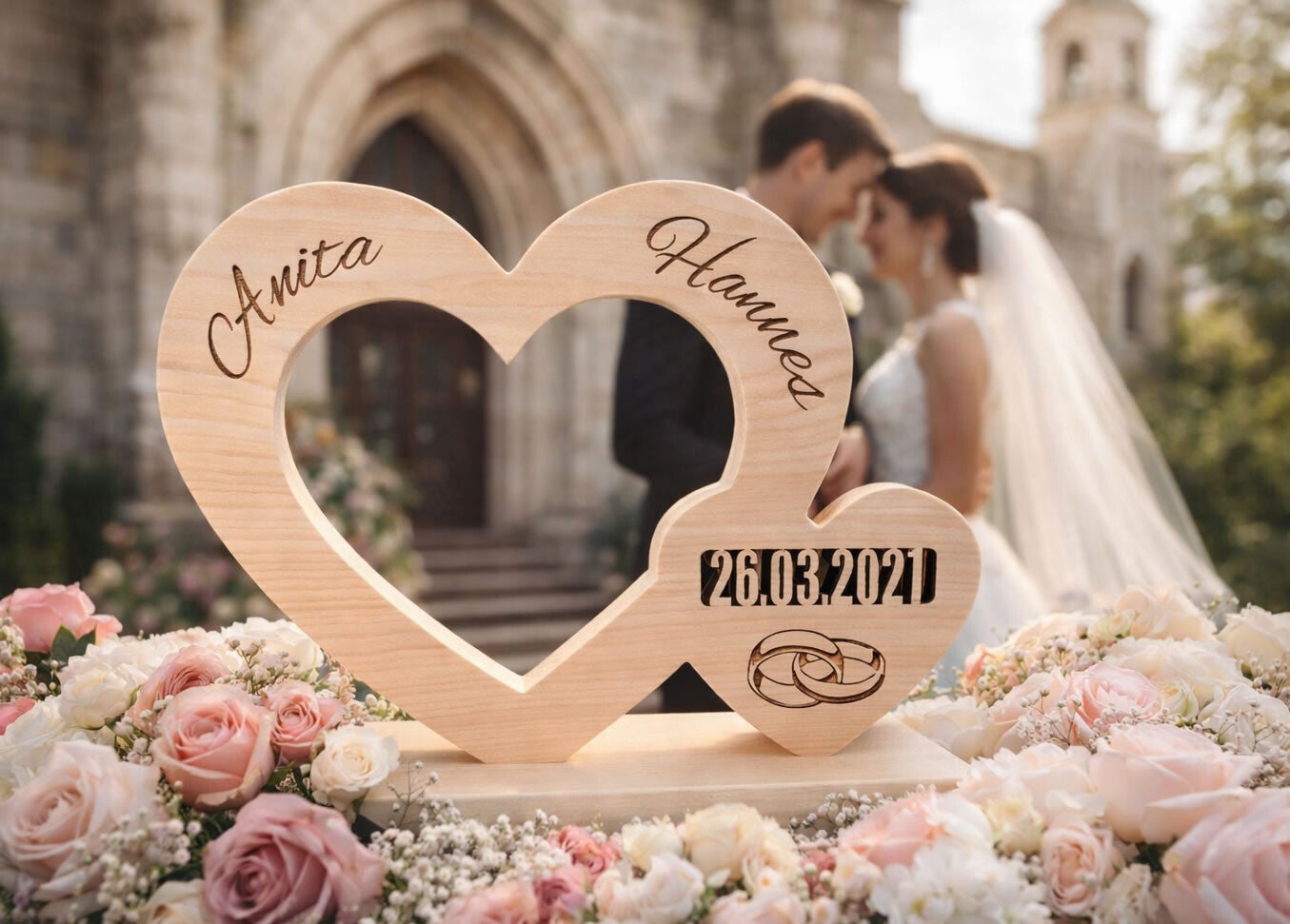 Doppelherz "Ewig verbunden" aus Zirbenholz zur Hochzeit