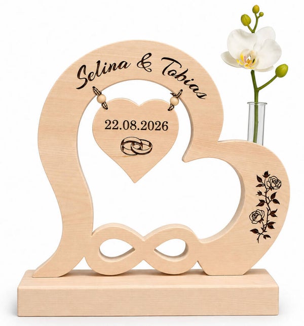XXL Hochzeitsgeschenk aus Zirbenholz mit Herz, Vase und Gravur