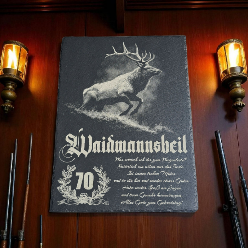 Naturschiefer-Wandbild „Waidmannsheil“, handveredelt und nur hier erhältlich – perfektes Geschenk für Jagdfreunde.