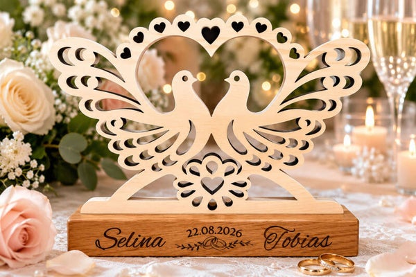 Hochzeitsgeschenk aus Zirbenholz mit Tauben und Eichenholz-Sockel