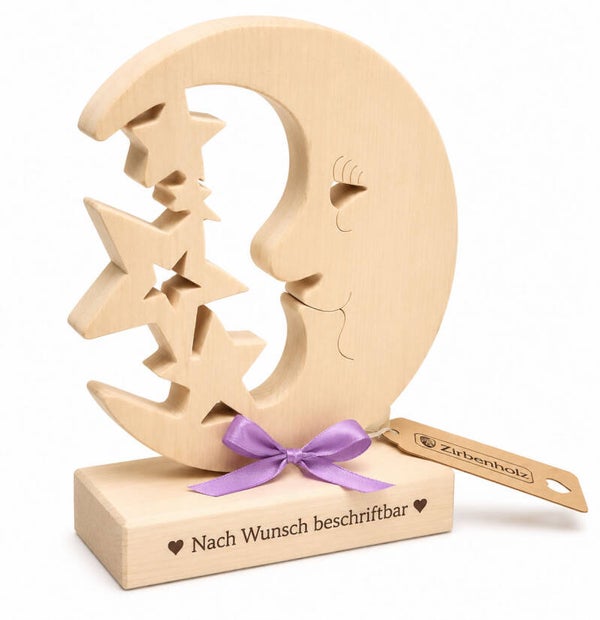 Mond mit Sternen aus Zirbenholz – personalisiertes Geschenk zur Geburt oder Taufe
