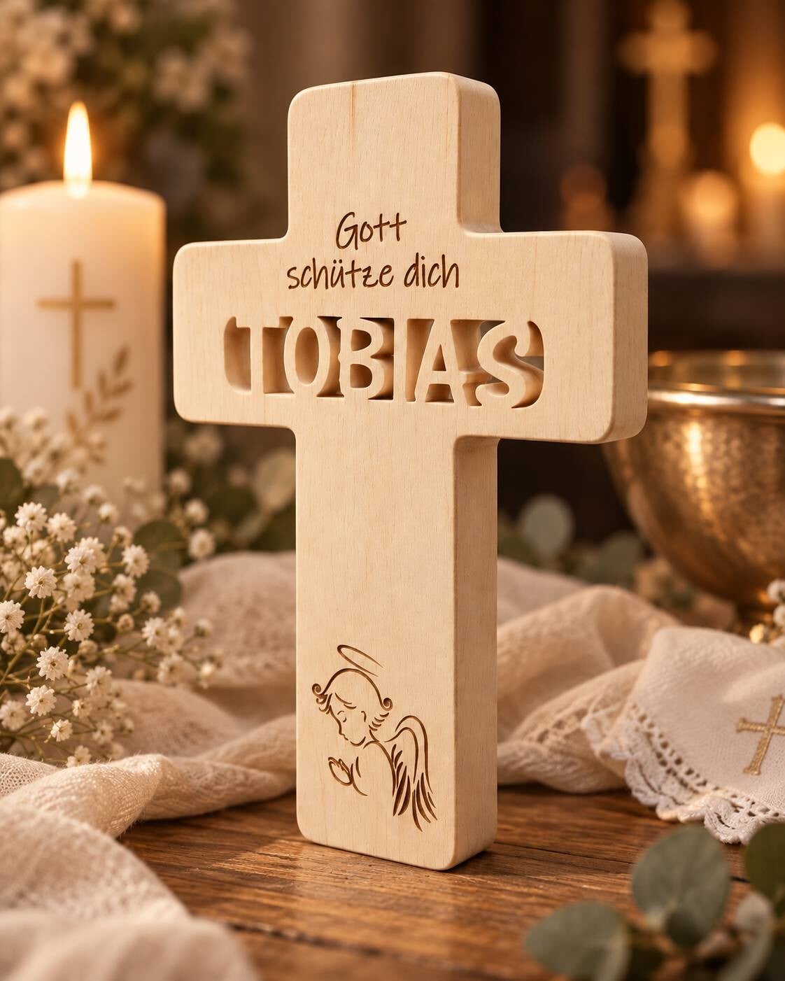 Taufkreuz aus Zirbenholz, personalisierbar nach Wunsch!