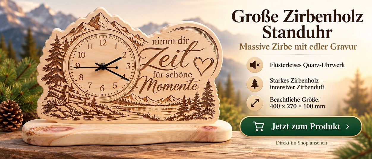 Große Zirbenholz-Standuhr mit Gravur – 40 cm breit