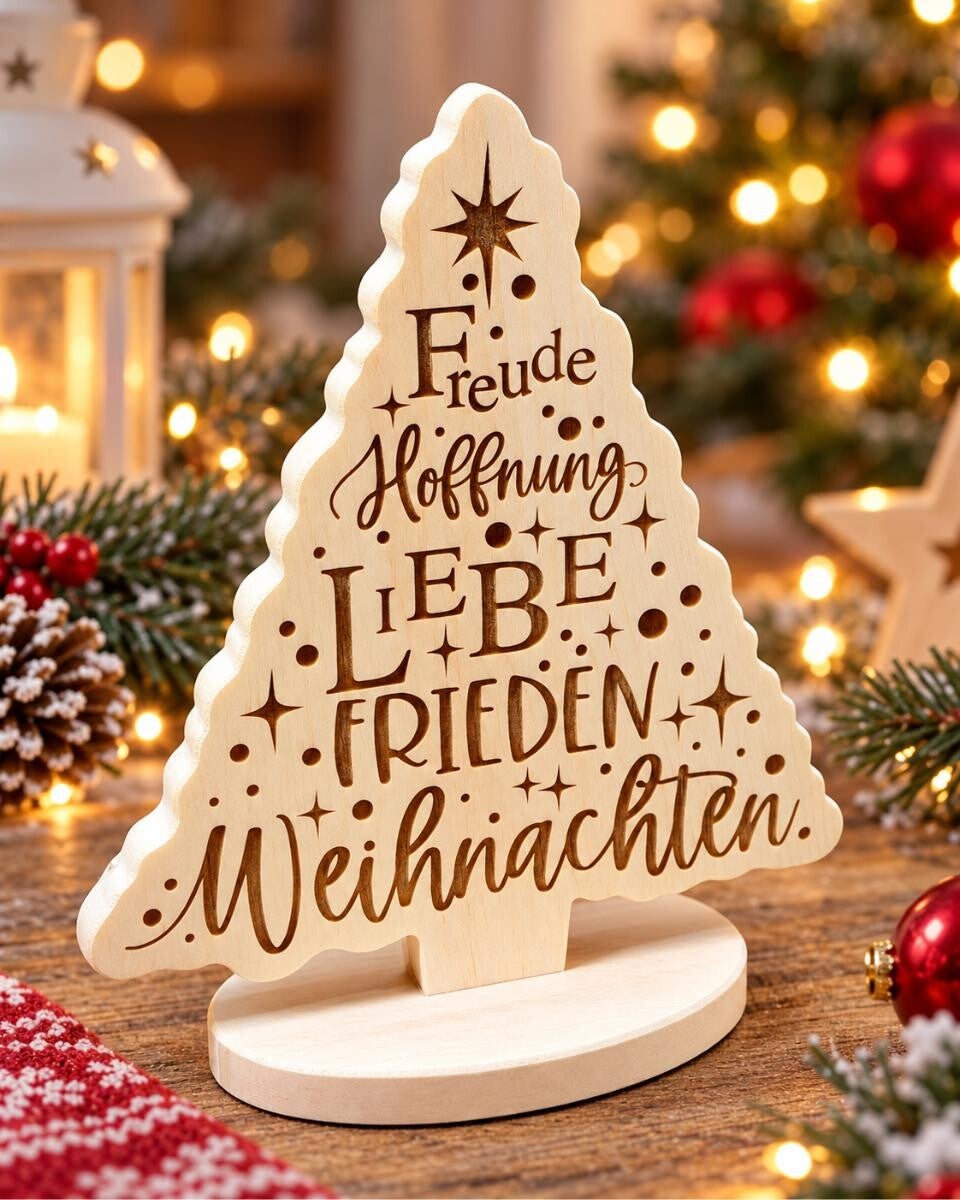 Zirbenbaum, mit Gravur und Spruch auf Sockel – ein festliches Highlight!