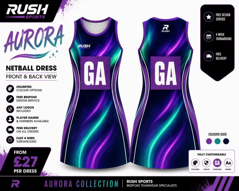 Teal and purple netball dress. By rush sports Northern lights 