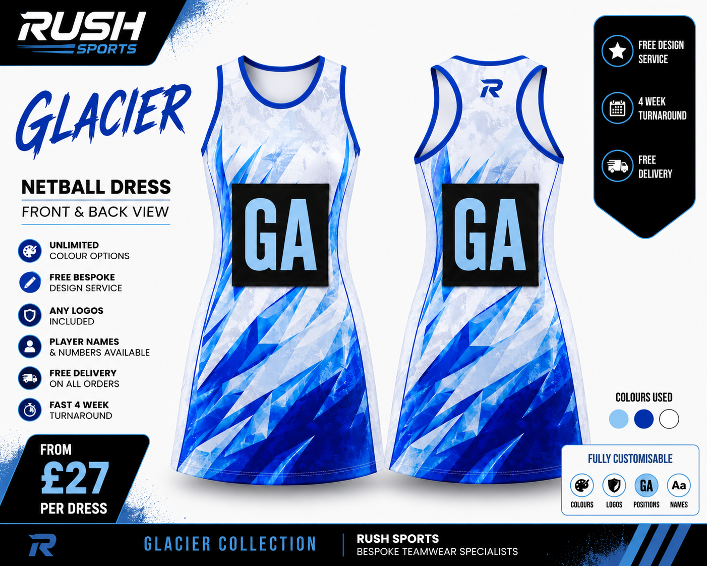 Custom Glacier effect netball dress blue and white 