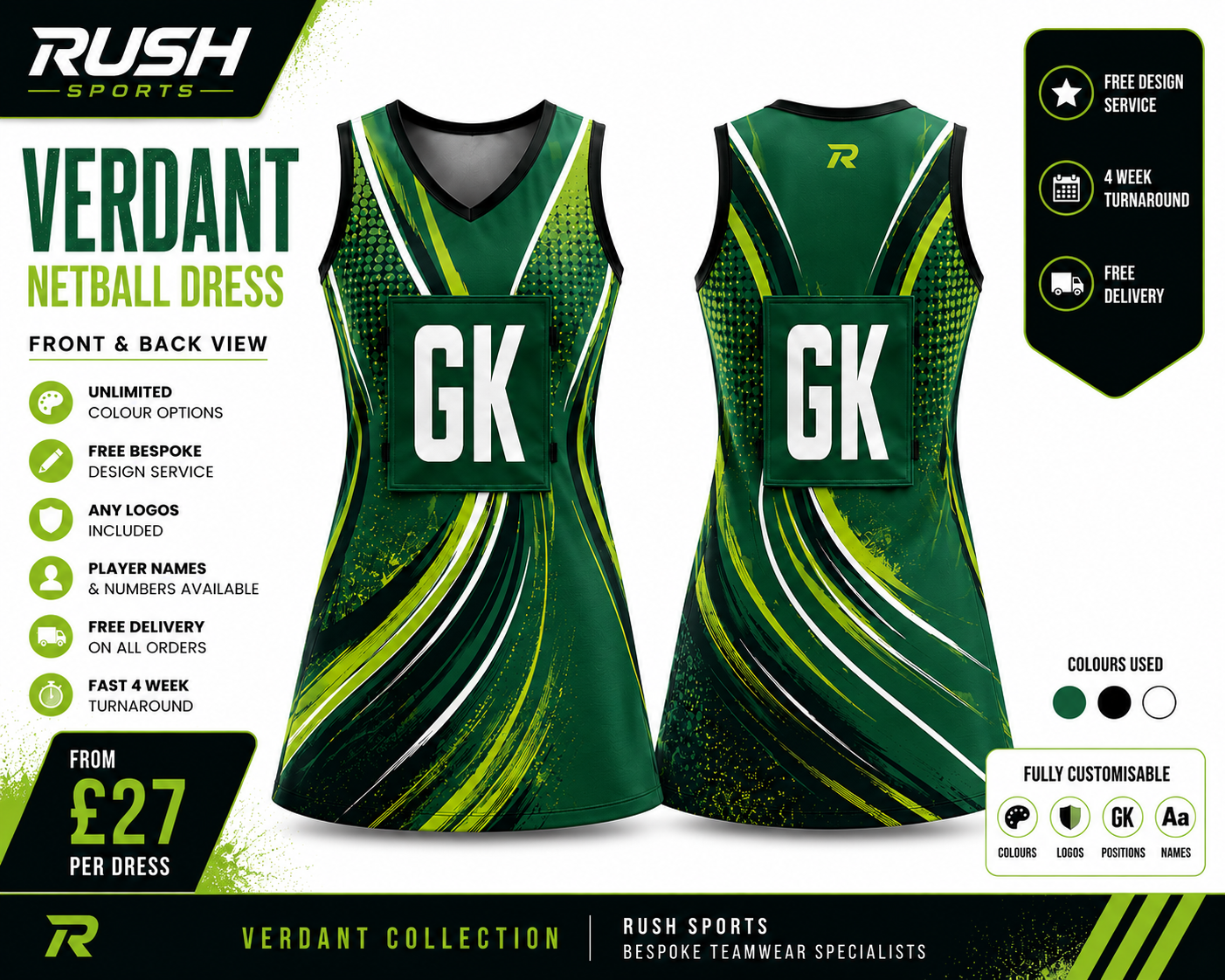 Shades of green netball dress by rush sports 