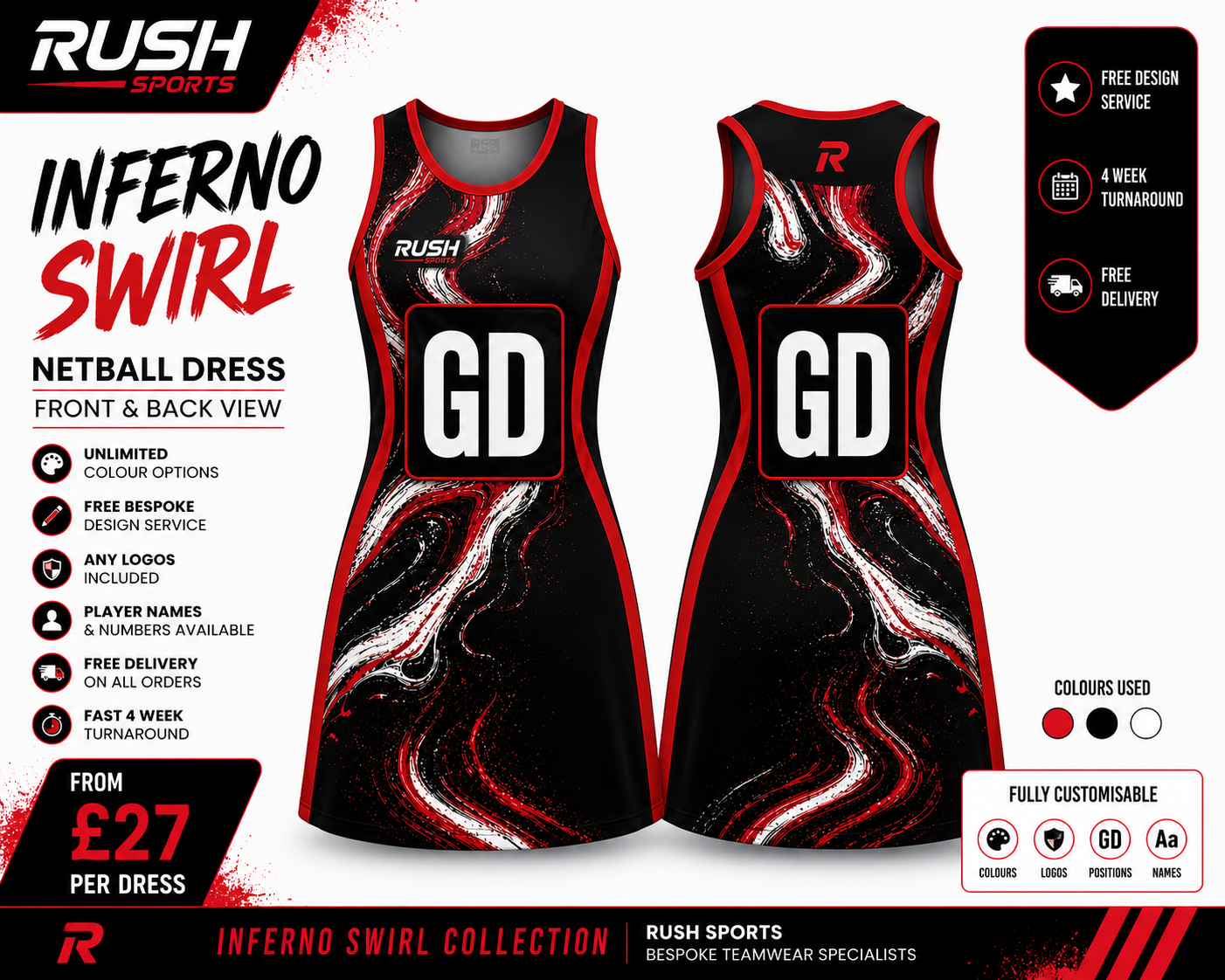 Red and black netball dress marble effect custom dress by Rush Sports