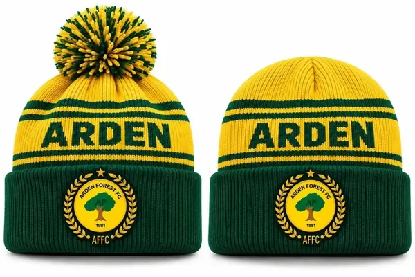 Existing Arden Forest green and yellow beanie and bobble hat designs